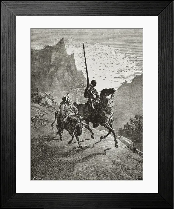 Framed Print : Dore, Gustave (1832-1883); CERVANTES SAAVEDRA, Miguel de (1547-1616). Spanish writer. Illustration from 'Don Quixote' with Sancho Panza and Don Quixote. Etching Framed Print : Dore, Gustave (1832-1883); CERVANTES SAAVEDRA, Miguel de (1547-1616). Spanish writer. Illustration from 'Don Quixote' with Sancho Panza and Don Quixote. Etching