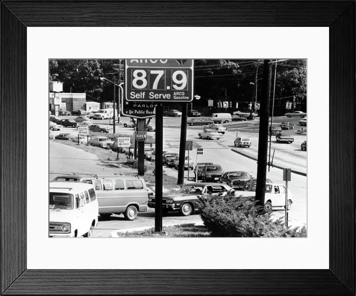 Framed Print : GAS SHORTAGE-Cars wait in a long line at a gas station during the gas shortage. 1974. Courtesy: CSU Archives / Everett Collection Framed Print : GAS SHORTAGE-Cars wait in a long line at a gas station during the gas shortage. 1974. Courtesy: CSU Archives / Everett Collection