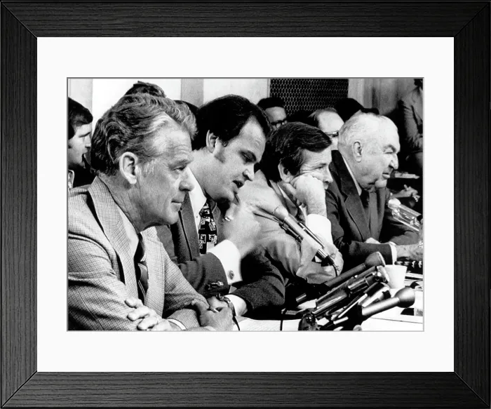 Framed Print : Sen. Edward Gurney, Sen. Fred Thompson, Sen. Howard Baker, Sen. Sam Ervin, listening to testimony at the Senate Watergate Committee Hearings, September 24, 1973