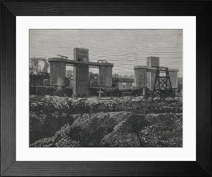 Framed Print : Spain (1883). Biscay. Mining industry. Iron factory of Marquiss of Mudela in the 'Desert' (Bilbao). Front of the blast furnaces Framed Print : Spain (1883). Biscay. Mining industry. Iron factory of Marquiss of Mudela in the 'Desert' (Bilbao). Front of the blast furnaces