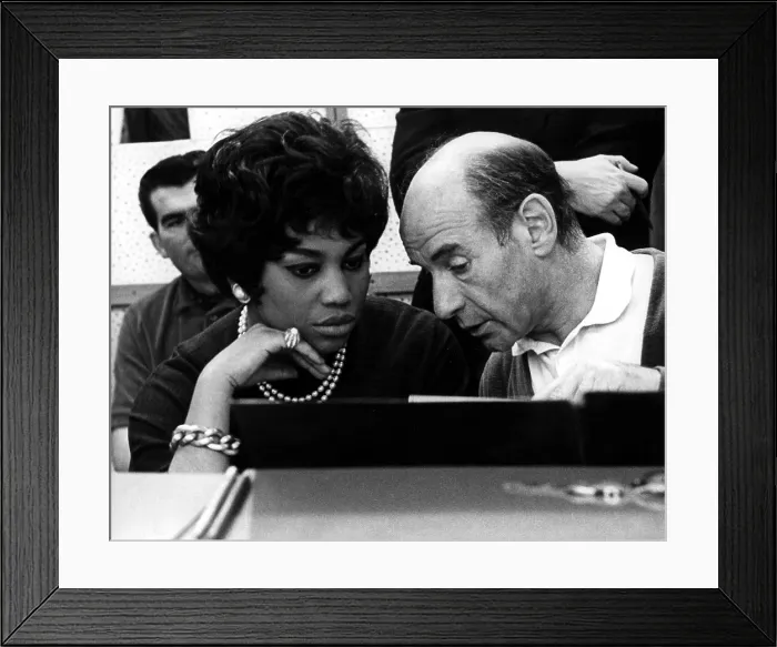 Framed Print : During a Rome recording session for Puccini's MADAME BUTTERFLY, soprano Leontyne Price consults with conductor Erich Leinsdorf. 4 / 16 / 66
