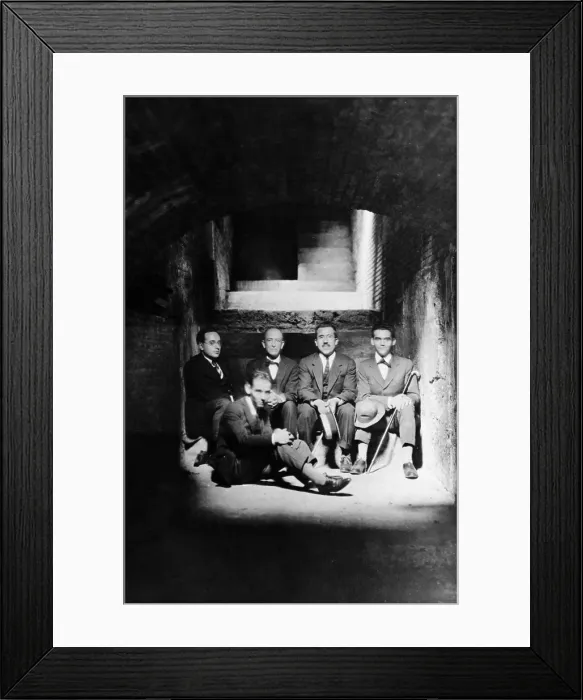 Framed Print : SPAIN. Granada. Alhambra. Portrait of Federico Garca Lorca, Manuel Falla, Adolfo Salazar, Angel Barrios y Francisco Garca Lorca en los stanos de la Alhambra en 1922