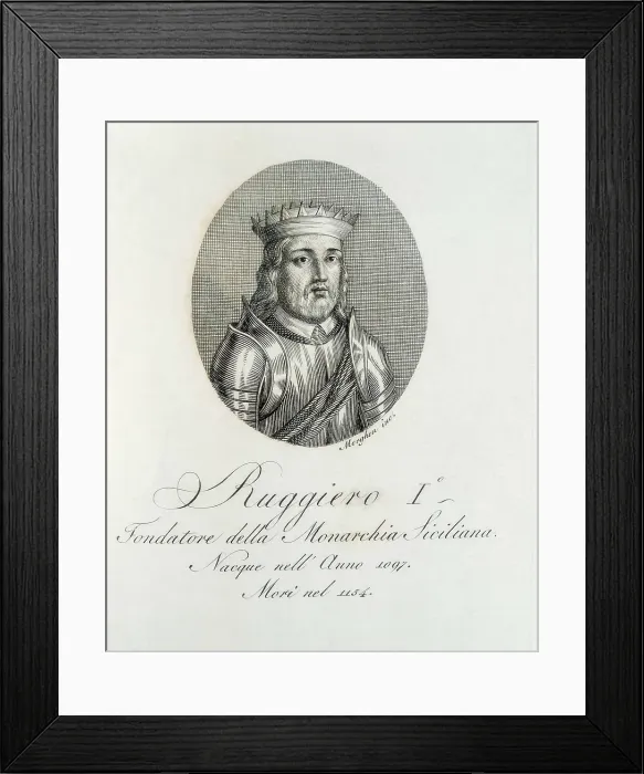 Framed Print : Roger II (1095-1154). Illustration of the book 'Biografia degli uomini illustri del regno di Napoli'. Engraving. SPAIN. Madrid. National Library