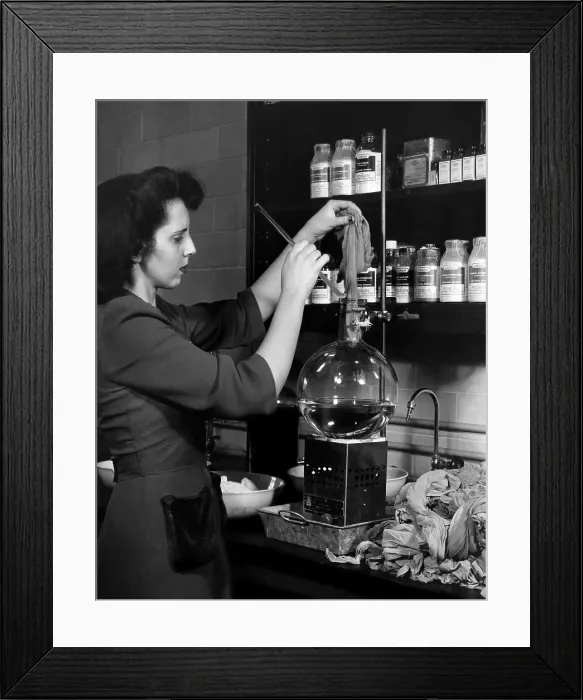 Framed Print : A woman recycles stockings into new nylon for vital military uses at the Du Pont Research Laboratory, 1940s. Courtesy: CSU Archives / Everett Collection