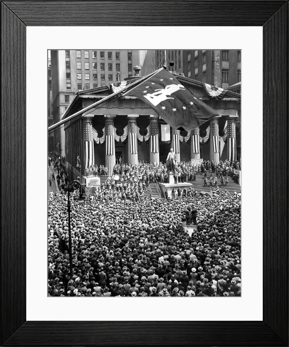 Framed Print : General view during ceremonies at the greatest War-Bond rally in the history of N.Y.C. on the steps of the Sub-Treasury Building at Wall and Nassau streets Framed Print : General view during ceremonies at the greatest War-Bond rally in the history of N.Y.C. on the steps of the Sub-Treasury Building at Wall and Nassau streets