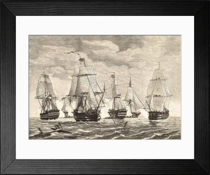 Framed Print : Battle of Trafalgar (October 21st1805). The vessel Prince of Asturiashoisting the Gravina badgebattles five English vessels. Etching. SPAIN. Madrid. National Library