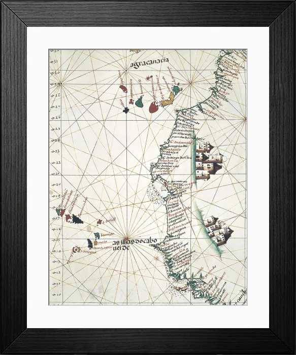 Framed Print : Map of the West of African coast with the Islands of Macaronesiathe Canary Isles and Cape Verde. 1514. Miniature Painting. PORTUGAL. Lisbon. Maritime Museum