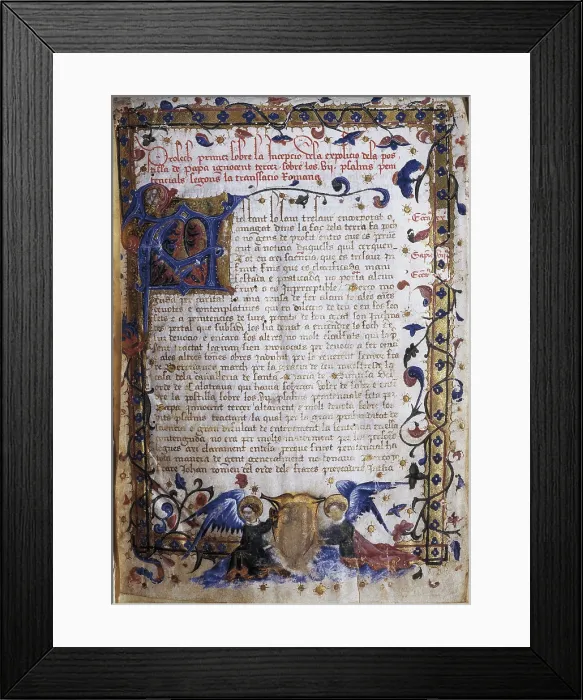 Framed Print : Penitential psalms of the Pope Innocent III written in Catalan. 15th c. In the bottomInitial with coat of arms supported by two angels. Fol.1 v. Miniature Painting