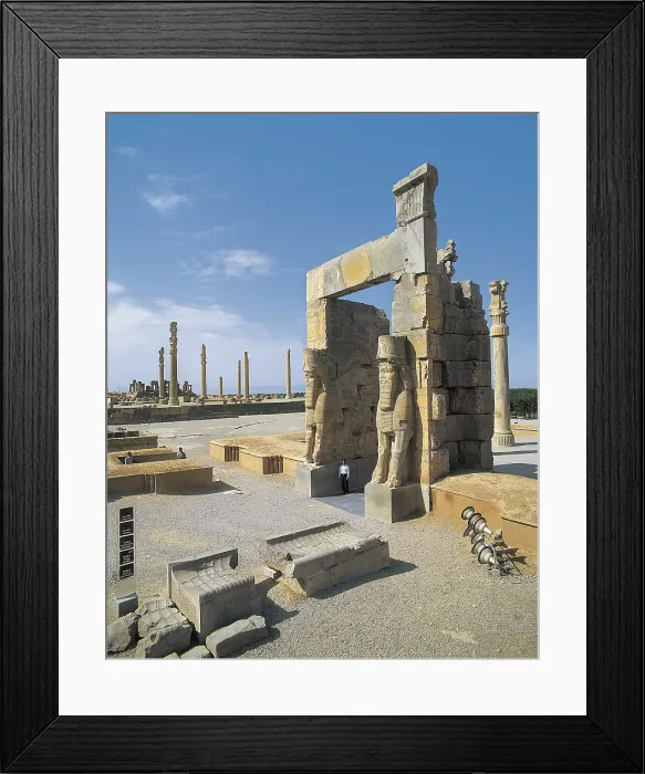 Framed Print : The Gate of All Nations. 486 -464 BC. IRAN. FARS. Persepolis. Gate flanked by figures of winged bulls with human head (androcephalic bulls). Persian art. Achaemenid period