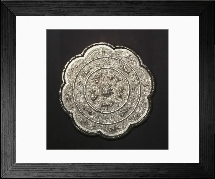 Framed Print : Mirror. 618 - 907. Bronze with silver sheet. Decorated with vegetal and animal motifs. Chinese art. Tang period. Jewelry. UNITED KINGDOM. London. Victoria and Albert Museum