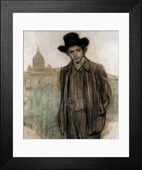 Framed Print : CASAS i CARBO, Ramn (1866-1932). Portrait of Pablo Picasso. 1900. Detail. Charcoal and cont crayon highlighted in pastel. Modernism. Drawing. SPAIN. Barcelona