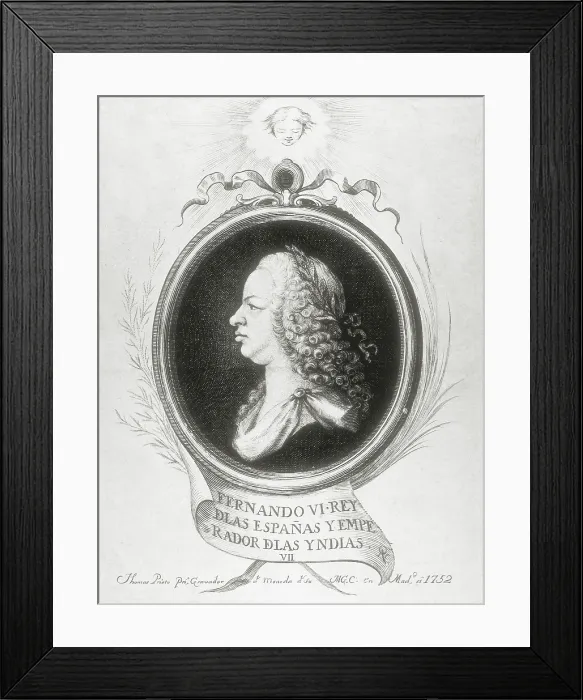 Framed Print : FERDINAND VI of Spain (1713-1759). King of Spain (1746-1759). Engraving by Toms Francisco Prieto (1752). Engraving. SPAIN. Madrid. National Library Framed Print : FERDINAND VI of Spain (1713-1759). King of Spain (1746-1759). Engraving by Toms Francisco Prieto (1752). Engraving. SPAIN. Madrid. National Library
