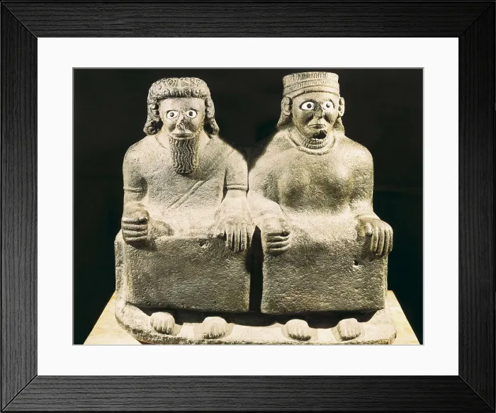Framed Print : The god Haddad and the goddess Ishtar. 9th c. BC. Assyrian art. Sculpture on rock. SYRIA. Aleppo. Archaeological Museum. Proc: SYRIA. Tell Halaf