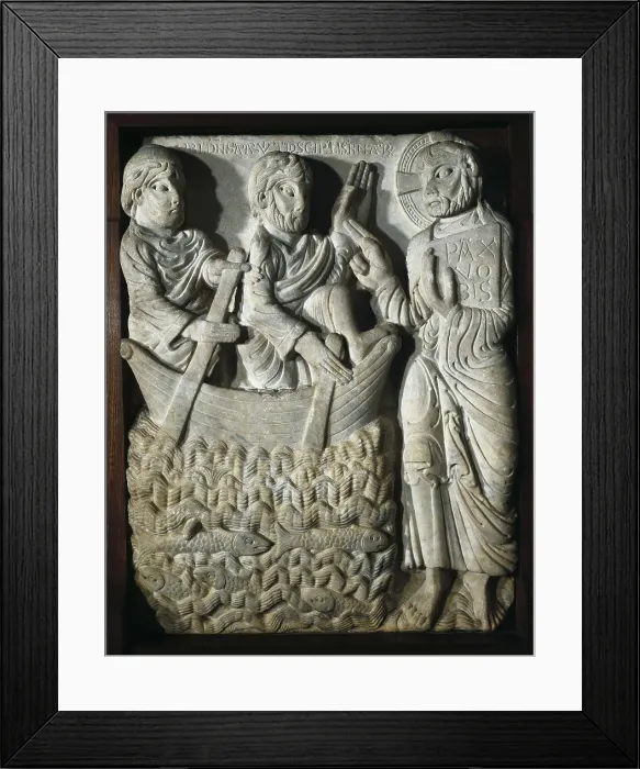 Framed Print : CABESTANY, Master of (12th century). Apparition of Jesus to his disciples by the sea. ca. 1175. Romanesque art. Relief on marble. SPAIN. Barcelona. Frederic Mares Museum Framed Print : CABESTANY, Master of (12th century). Apparition of Jesus to his disciples by the sea. ca. 1175. Romanesque art. Relief on marble. SPAIN. Barcelona. Frederic Mares Museum