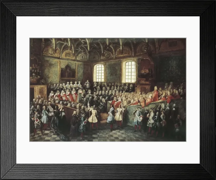 Framed Print : Lancret, Nicolas (1690-1743). Bed of Justice Held in the Parliament at the Majority of Louis XV, 22nd February. ca. 1723. Oil on canvas. FRANCE. Paris. Louvre Museum