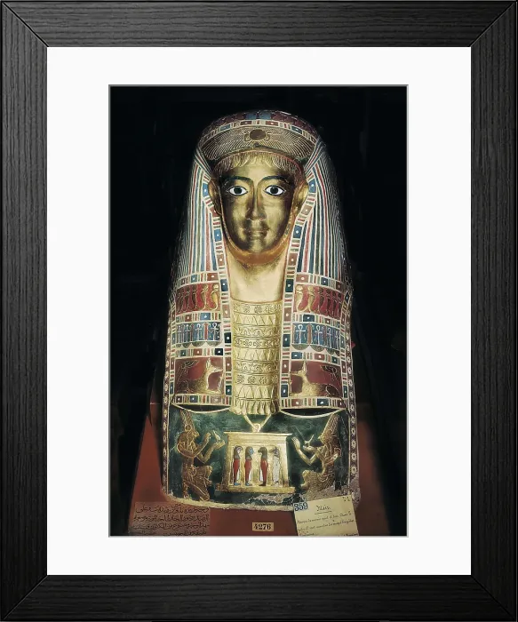 Framed Print : Mummy Mask. 1st half 1st c. Representations of funerary genious are inlaid in the pectoral. Made with painted cardboard and gilded with glass inlays. From the first Roman period