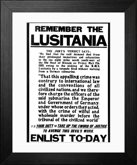 Framed Print : British World War I enlistment poster. The text reads in part: Remember the Lusitania. It is your duty to take up the sword of justice to avenge this devil's work