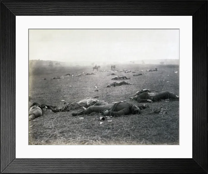 Framed Print : The Civil War. The Battle of Gettysburg. Incidents of the war. A harvest of death, Gettysburg, PA. Dead Federal soldiers on battlefield. by Timothy H. O'Sullivan. 1863