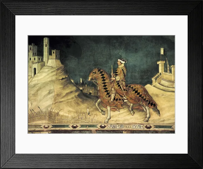 Framed Print : MARTINI, Simone di Martino, called Simone (1284-1344). Equestrian portrait of Guidoriccio da Fogliano. 1328-1330. ITALY. Siena. Public Palace. Upper center detail