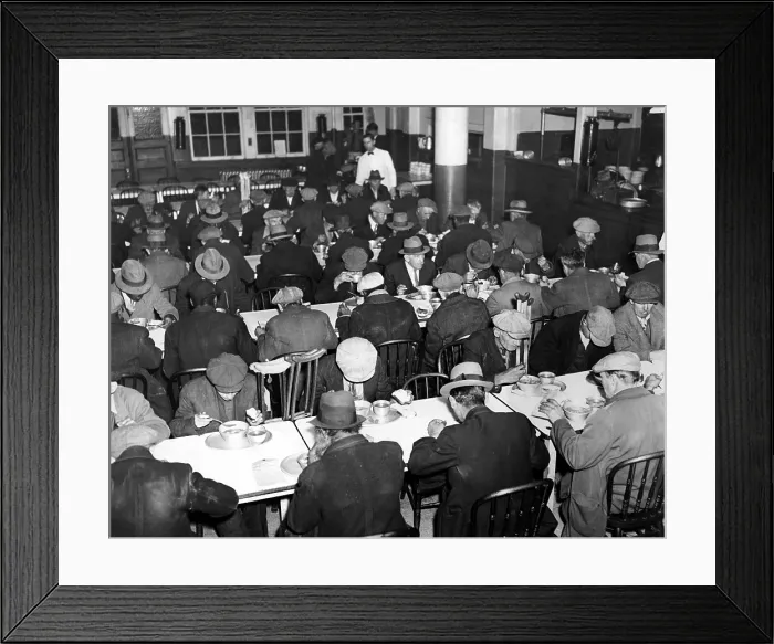 Framed Print : Great Depression, Unemployed and homeless men eating at Municipal Lodging House (25th Street & East River), New York City, N.Y. November 1933 Framed Print : Great Depression, Unemployed and homeless men eating at Municipal Lodging House (25th Street & East River), New York City, N.Y. November 1933
