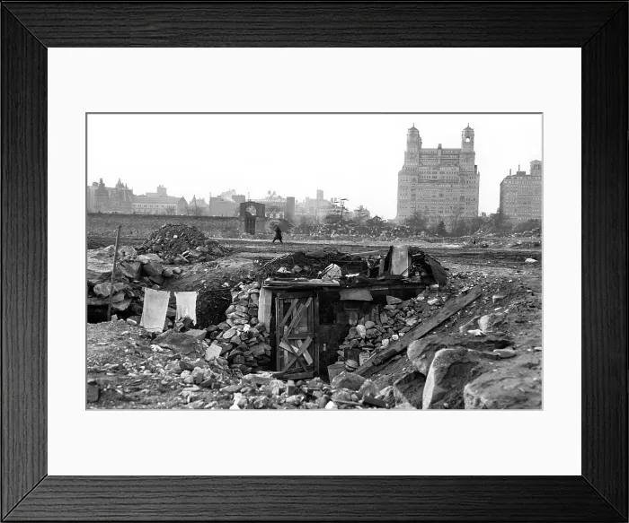 Framed Print : Great Depression, Shantytown on the site of the old Central Park Reservoir, New York City, N.Y. December 1931. Courtesy: CSU Archives  /  Everett Collection
