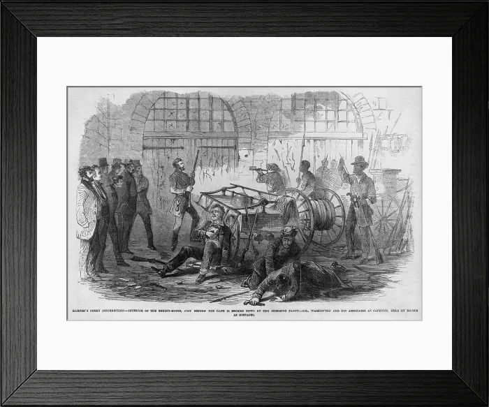 Framed Print : The Civil War. John Brown's raid on Harpers Ferry. Brown and fellow raiders trapped in the engine house, now known as John Brown's Fort. Harpers Ferry Armory, 1859