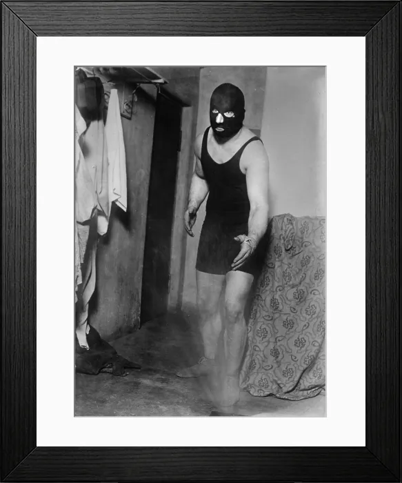 Framed Print : Man in wrestling mask, circa 1940s