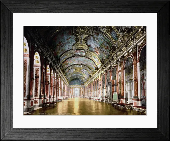 Framed Print : World War I. Gallery of Mirrors, Palace of Versailles, France. The room where the Treaty of Versailles was signed, ending World War I. Photochrom ca. 1900