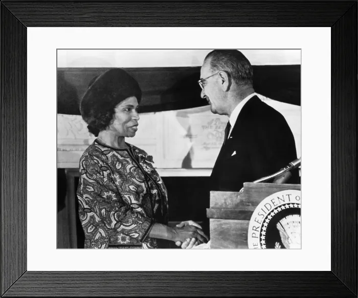 Framed Print : Marian Anderson is congratulated by President Lyndon B. Johnson at the White House during the presentation of the Presidential Medal of Freedom, 1965