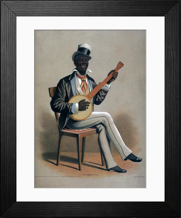 Framed Print : African American man playing the banjo, original title: Swell Negro Banjo Player, by Courier Co. 1875 Framed Print : African American man playing the banjo, original title: Swell Negro Banjo Player, by Courier Co. 1875