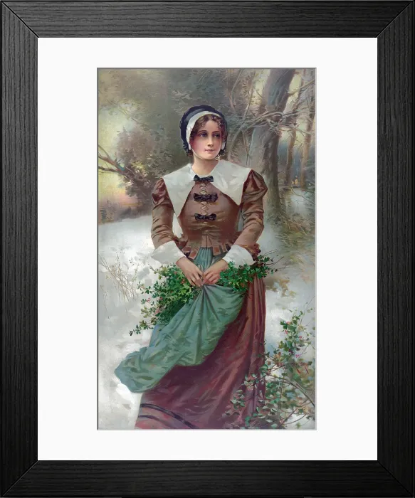 Framed Print : Woman standing in snow, holding holly in her apron, A Fair Puritan, by E. Percy Moran, 1897