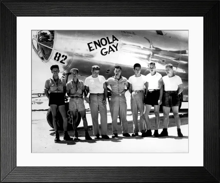 Framed Print : Enola Gay. The ground crew of the B-29 'Enola Gay' which atom-bombed Hiroshima, Japan. Col. Paul W. Tibbets, the pilot is the center. Marianas Islands. 1945 Framed Print : Enola Gay. The ground crew of the B-29 'Enola Gay' which atom-bombed Hiroshima, Japan. Col. Paul W. Tibbets, the pilot is the center. Marianas Islands. 1945