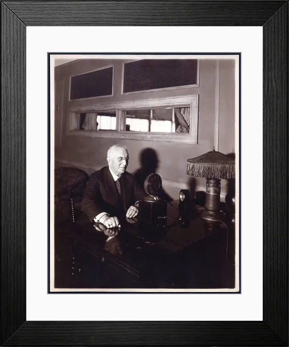 Framed Print : Emile Berliner (1851-1929), American inventor of the phonograph, seated in front of early microphone, circa 1926 Framed Print : Emile Berliner (1851-1929), American inventor of the phonograph, seated in front of early microphone, circa 1926