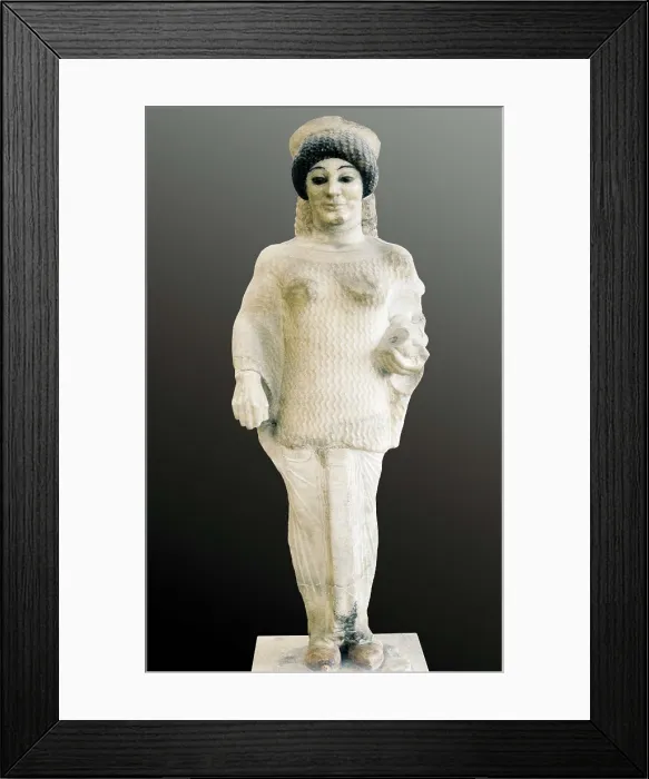 Framed Print : Red Shoes Kore. ca. 510 BC. Archaic Greek art. Sculpture on marble. GREECE. Athens. Acropolis. Acropolis Museum. Proc: GREECE. Athens. Acropolis