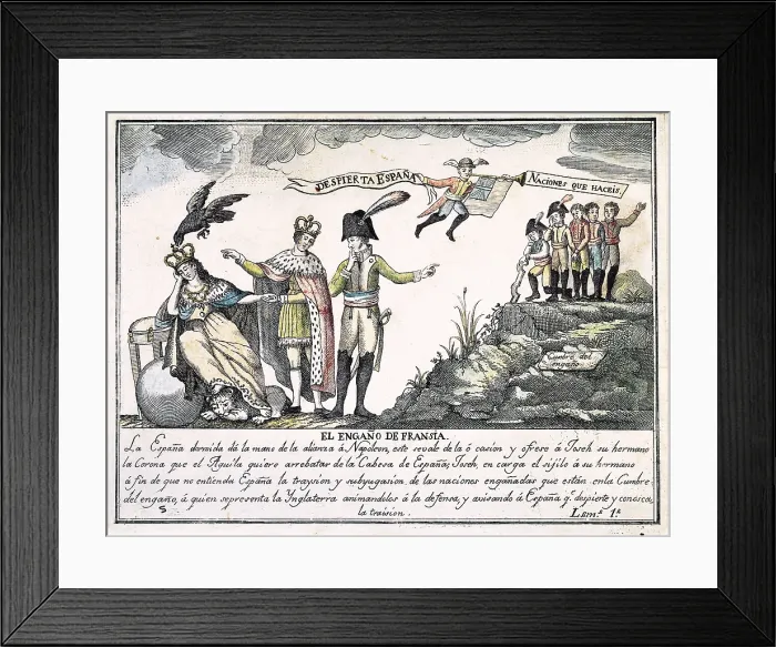 Framed Print : Spain. War of Independence (1808-1814). 'El engao de Fransia' (trick of France). Napolen offers to his brother Joseph the sleep Spain. Engraving. SPAIN. Madrid