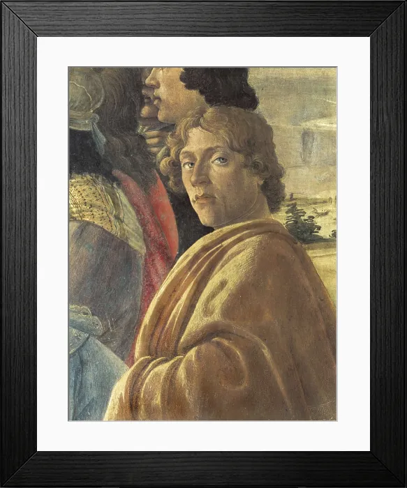 Framed Print : BOTTICELLI, Alessandro di Mariano dei Filipepi, also called Sandro (1445-1510). Adoration of the Magi. ca. 1476. Left Dtail, a self-portrait of Botticelli. Renaissance art