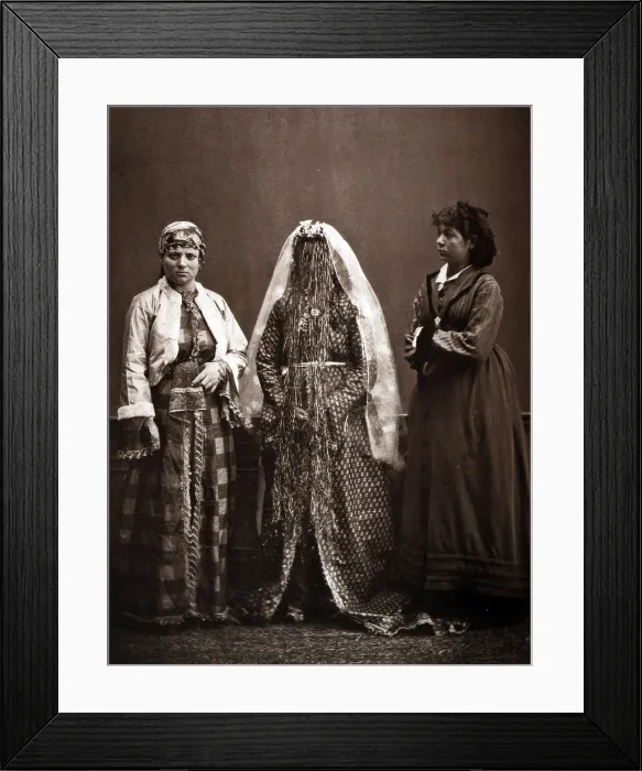 Framed Print : The Ottoman Empire, studio portrait of models wearing clothing from Istanbul, a young Greek girl, an Armenian bride, Jewish woman of Constantinople, photograph by Pascal Sebah