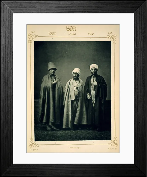 Framed Print : The Ottoman Empire, studio portrait of models wearing traditional clothing from Istanbul, Mevlevi Dervish, Bektasi Dervish, Mullah (chief judge), photograph by Pascal Sebah, 1873