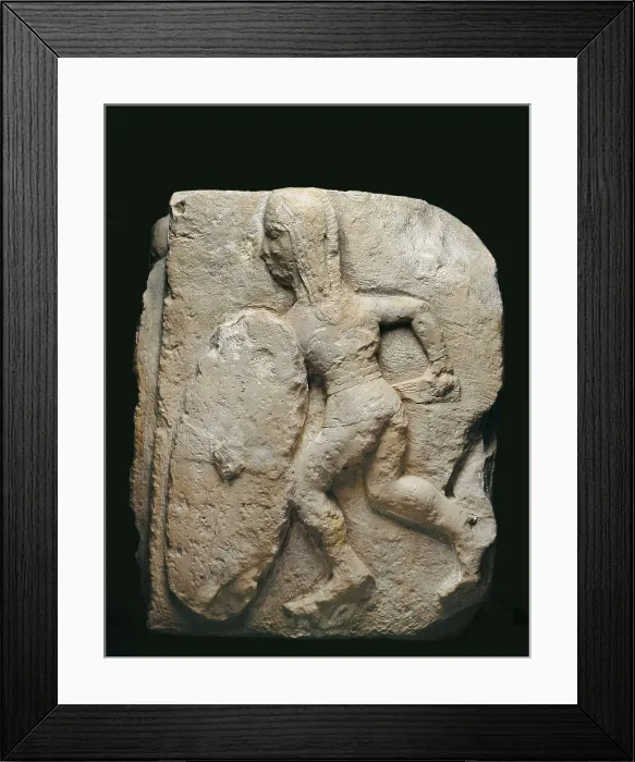 Framed Print : Warrior of Osuna. 3rd-2nd c. BC. Warrior with Iberian falcata and shield. Part from the decoration of a funerary monument. Iberian art. Relief on rock. SPAIN. Madrid Framed Print : Warrior of Osuna. 3rd-2nd c. BC. Warrior with Iberian falcata and shield. Part from the decoration of a funerary monument. Iberian art. Relief on rock. SPAIN. Madrid