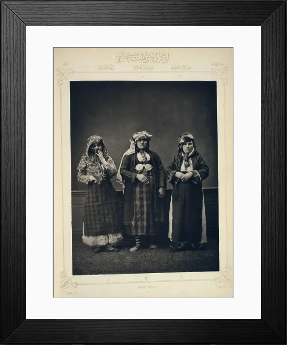 Framed Print : The Ottoman Empire, studio portrait of models wearing traditional clothing from Istanbul, Bulgarian woman of Ahi Tchelebi, Greek woman of Hasskeui, Peasant woman of Baidjas
