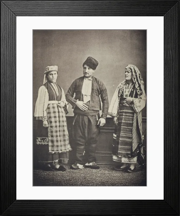 Framed Print : The Ottoman Empire, studio portrait of models wearing traditional clothing from Istanbul, Bulgarian woman of Ahi Tchelebi, Greek peasant woman of Manastir