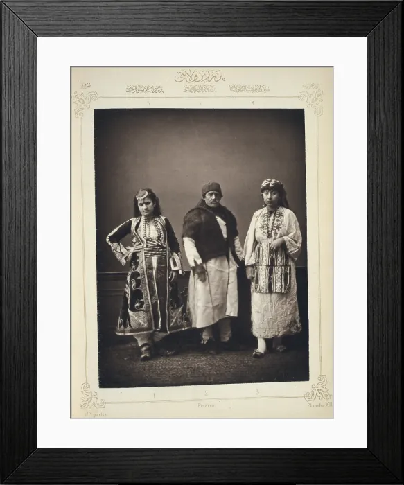 Framed Print : The Ottoman Empire, studio portrait of models wearing traditional clothing from Istanbul, Muslim woman of Prizren, peasant from the environs of Prizren Framed Print : The Ottoman Empire, studio portrait of models wearing traditional clothing from Istanbul, Muslim woman of Prizren, peasant from the environs of Prizren