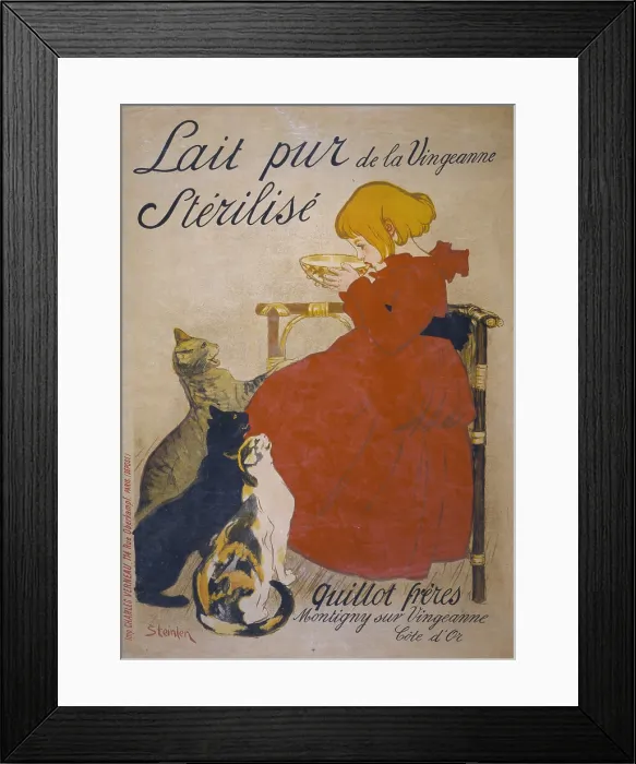 Framed Print : Lait Pur Sterilise De La Vingeanne, girl drinking milk from a bowl with cats begging, by Theophile Alexandre Steinlen, Paris, France, 1895