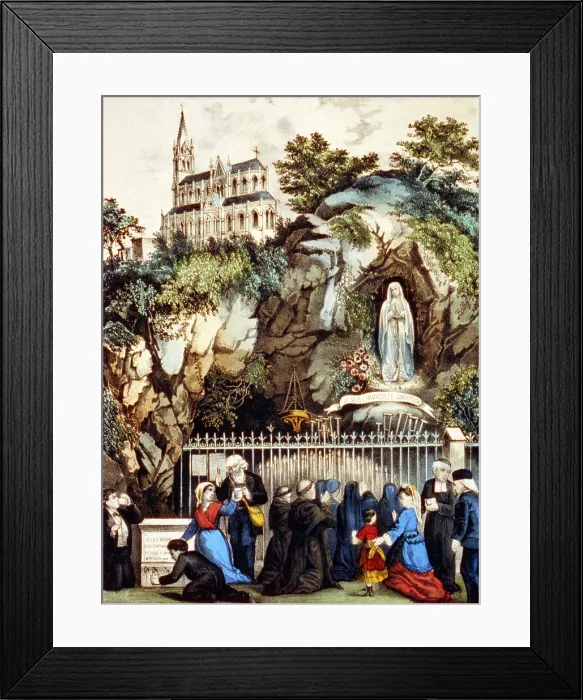 Framed Print : Lourdes, France, pilgrims at the Shrine of Our Lady of Lourdes, lithograph by Currier & Ives, circa 1890s Framed Print : Lourdes, France, pilgrims at the Shrine of Our Lady of Lourdes, lithograph by Currier & Ives, circa 1890s