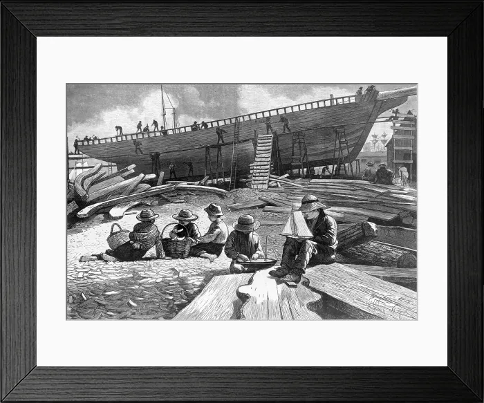 Framed Print : Ship-building, Gloucester Harbor, MA. drawn by Winslow Homer, 1873