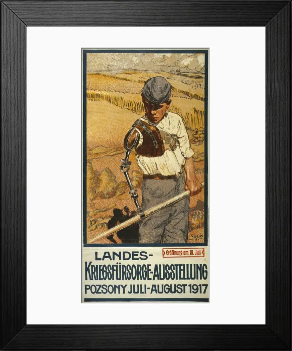 Framed Print : World War I, German Poster shows a disabled veteran with a prosthetic arm using a scythe to harvest wheat, the text announces the National War Relief Exhibition in Pozsony Framed Print : World War I, German Poster shows a disabled veteran with a prosthetic arm using a scythe to harvest wheat, the text announces the National War Relief Exhibition in Pozsony