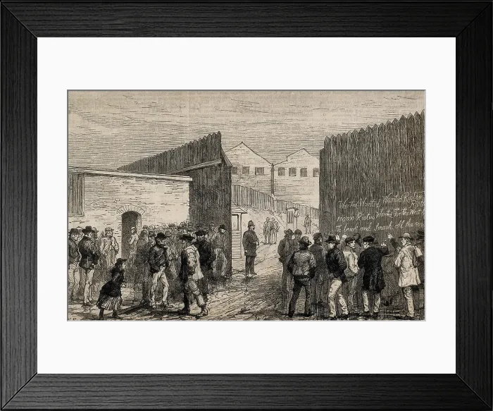 Framed Print : England (19th c.). Unemployed men of London doing a painting at the entrance of the 'West India Docks'. 'The Ilustrated London News'. Engraving