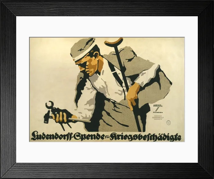 Framed Print : World War I, German Poster shows a wounded veteran holding tools in one hand and a crutch in the other, lithograph by Ludwig Hohlwein, 1914-1918