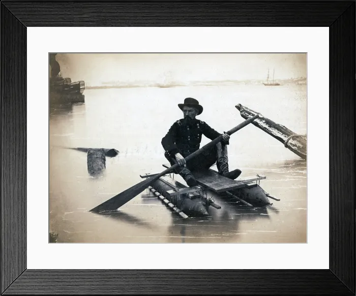 Framed Print : The Civil War, General Herman Haupt (1817-1905), rowing a boat made of small pontoons, photograph by Andrew J. Russell, 1862-1863 Framed Print : The Civil War, General Herman Haupt (1817-1905), rowing a boat made of small pontoons, photograph by Andrew J. Russell, 1862-1863