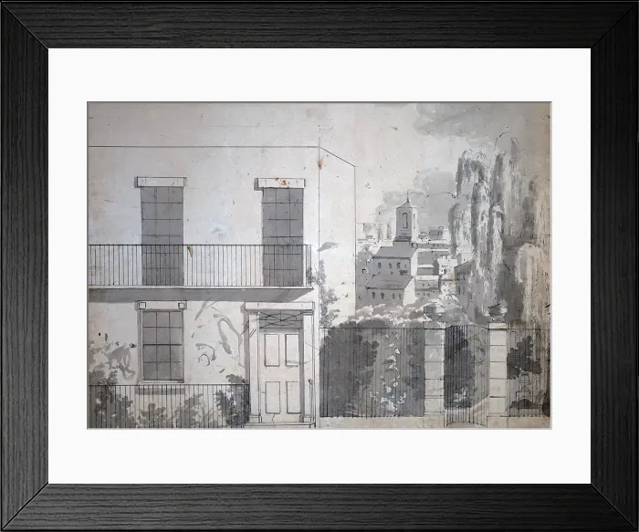 Framed Print : View of an American city, showing a home with wrought iron fence, stone gate, and weeping willow in the foreground, looking toward roofs and steeple in the city. 1812